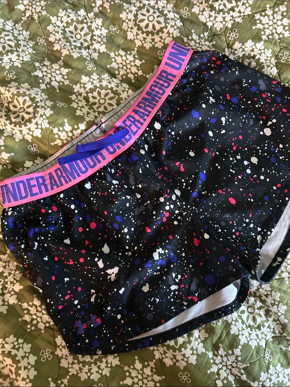 Under Armour Black Athletic Shorts with Pink & Blue Splatter
